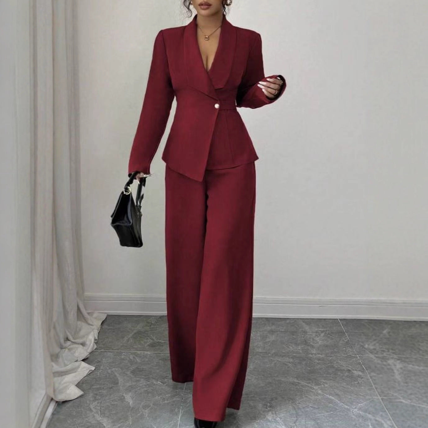 Solid-color Long-sleeve Straight-leg Pants Set
