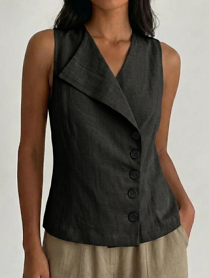 Sleeveless Button-Down V-Neck Solid-Color Shirt