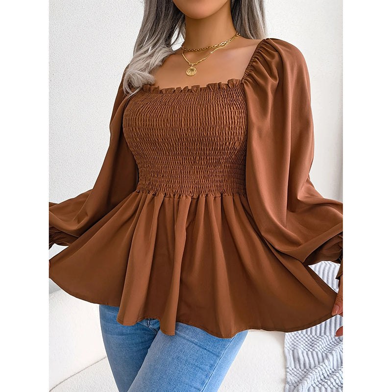 Women's Peplum Tops Square Neck Ruffle Trim Long Sleeve Blouse Smocked Top Dressy Casual Shirts