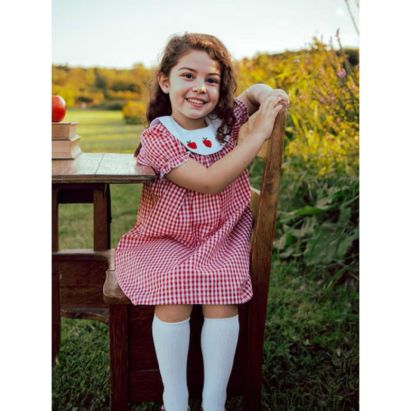 Toddler Kids Girls Back To School Dress Smocked Collar Puff Sleeve Plaid Embroidered Print Dress