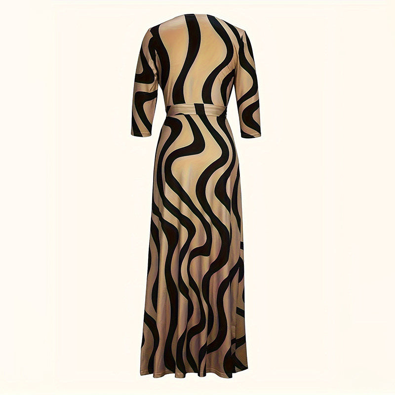 Women's V-Neck Elegant Half-Sleeve Belted Waist Print Maxi Dress For Spring&Summer Dress