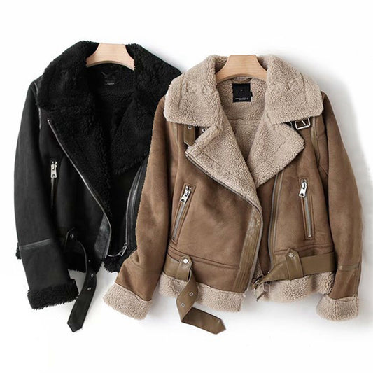 WInter  Jacket Suede Lamb Wool Warm Coat Motorcycle