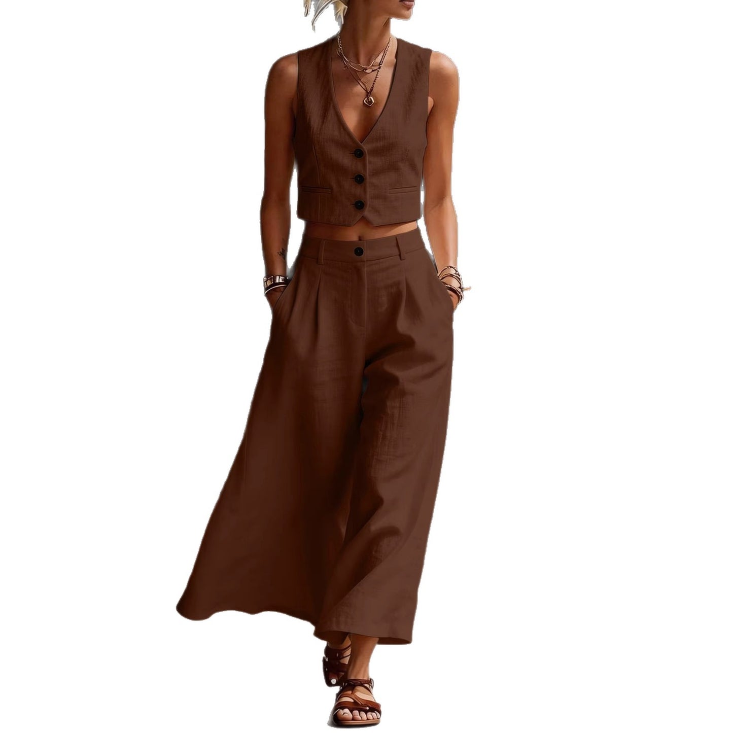 Short V-Neck Top And Wide-Leg Pants Set