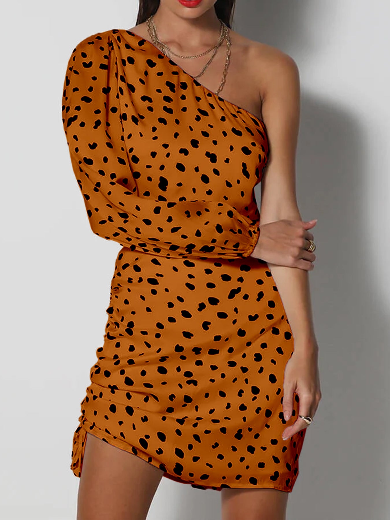 Off-Shoulder One-Sleeve Leopard-Print Hollow-Out Waist Bodycon Dress