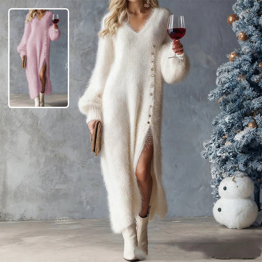 Split Knitted With Buttons V-Neck Fleece Maxi Dresse