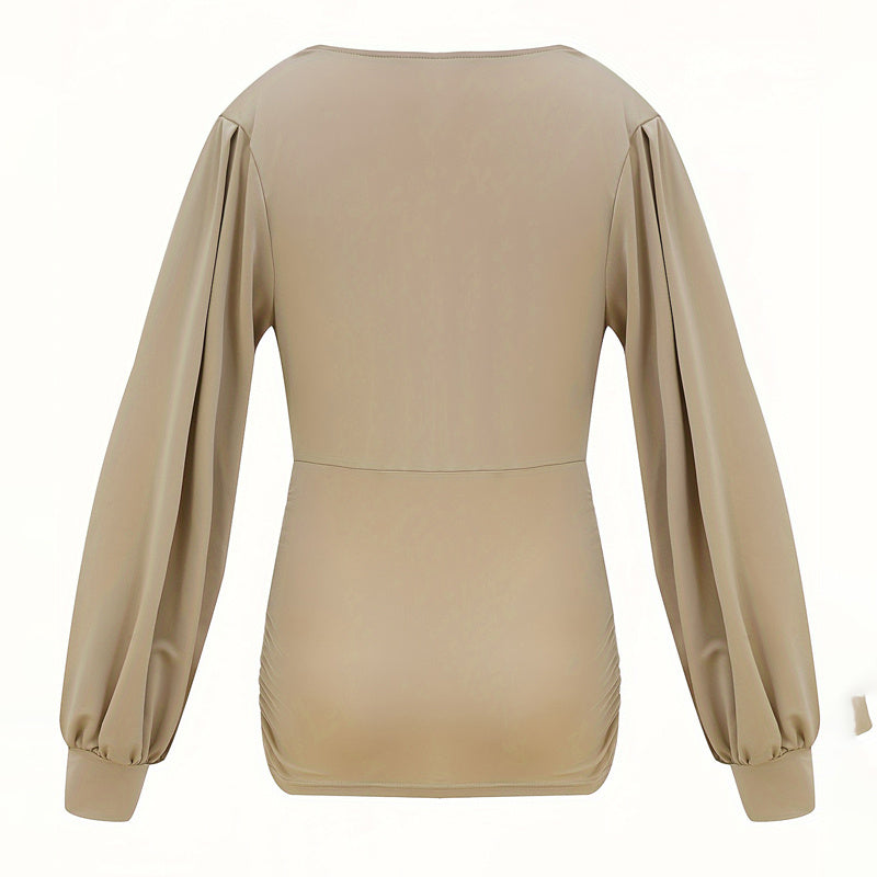 Women's Elegant Solid Color Deep V-Neck Long Sleeve Top With Draped Detail - Casual Pullover Blouse For Spring&Fall