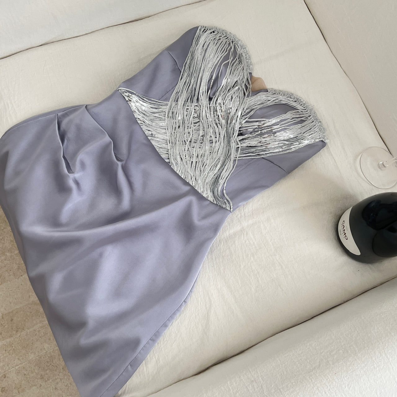Silver Shimmer  Strapless Paneled Lavender Satin Ball Bridesmaid Bodycon Dress