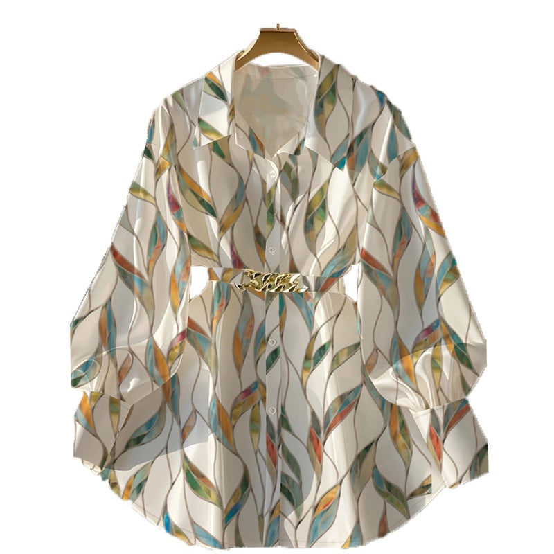 Women's Elegant Lapel Button-Down Top With Adjustable Metal Waist Belt Solid Color Loose Fit Blouse For Casual & Office Wear