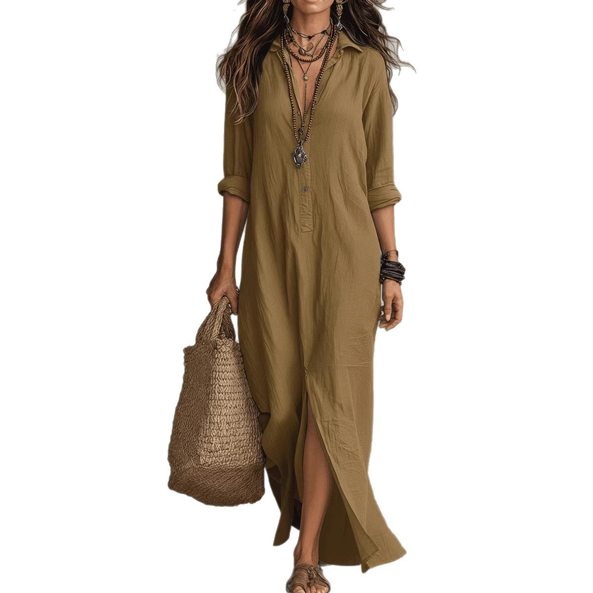 Solid-color Lapel-front Slit Maxi Dress