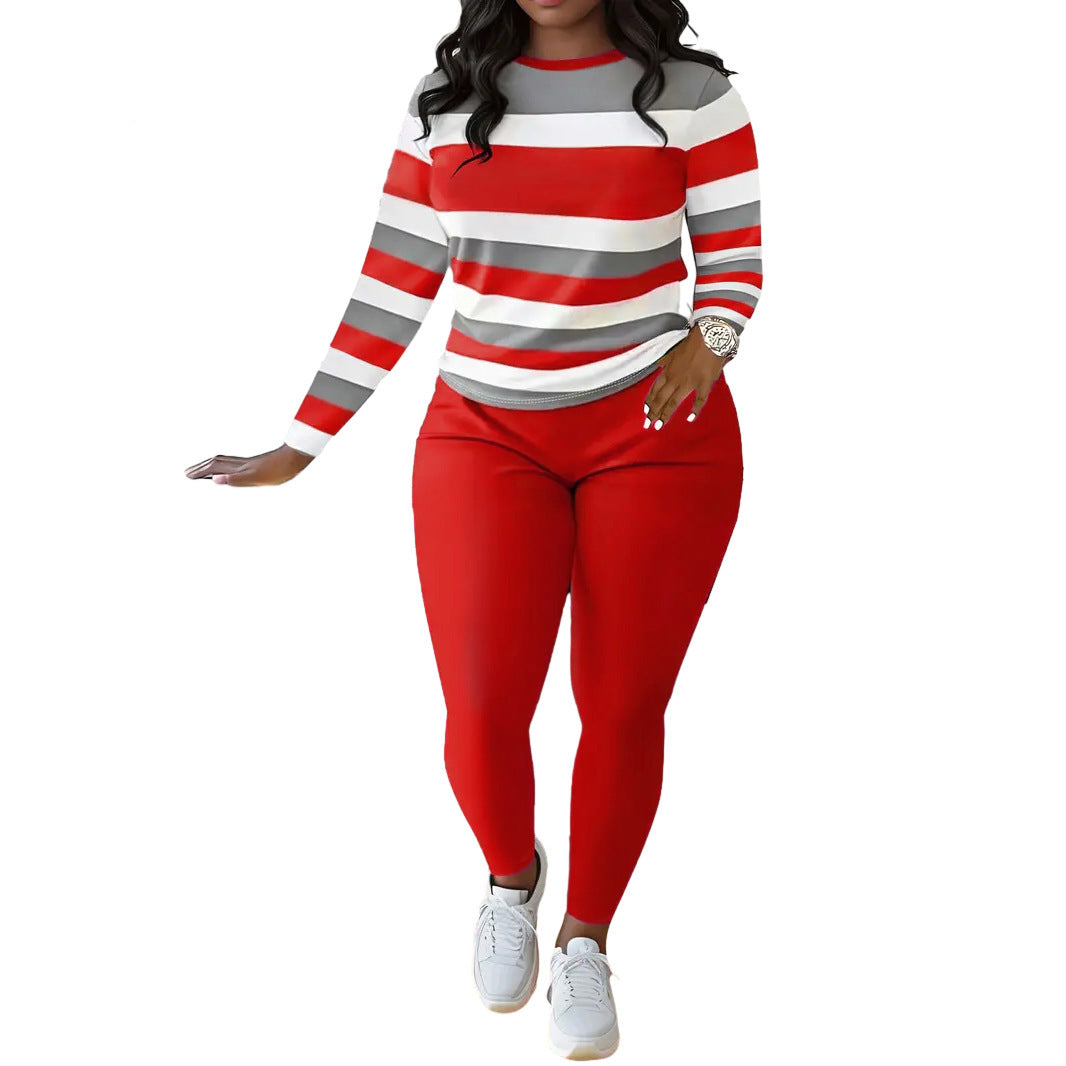 Striped Print Crew-neck Long-sleeve Pants Set