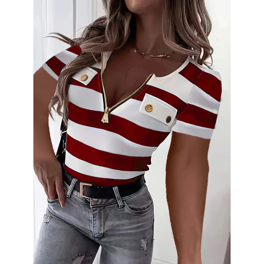 Women's Color Block Short Sleeve T-Shirt Striped Zipper Front Top Casual Summer Blouse Tee