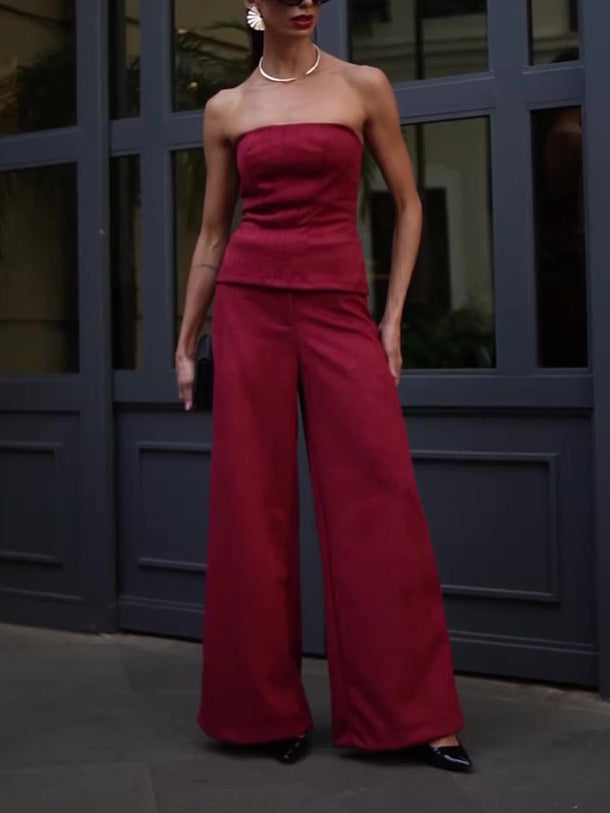 Burgundy Tube Top High Waist Pants Set