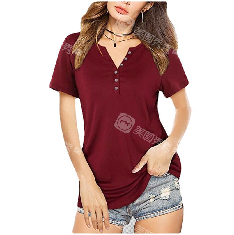 Short Sleeve V-Neck Button Loose Casual Tunic