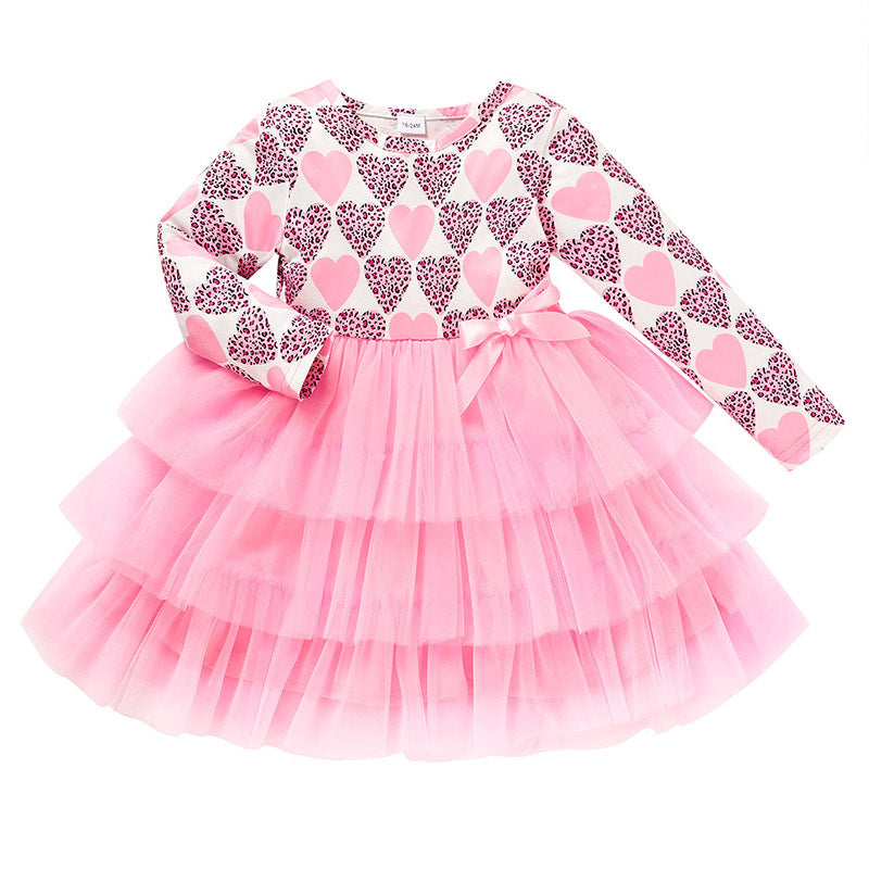 Toddler Girls Outfits Long Sleeve Graphic Heart Print Mesh Tulle Dress Valentine Birthday Party Dresses