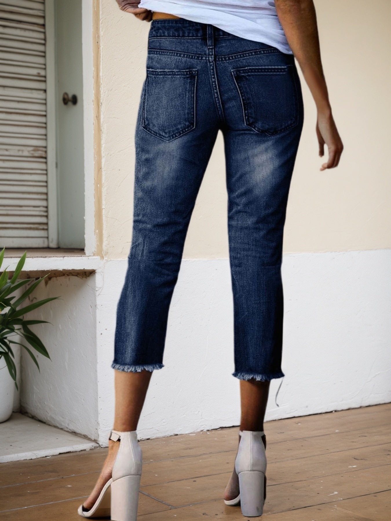 Stretch Slim Fit  High Stretch Frayed Edge Pocket Mid Waist Denim Seven Quarter Pants, Shallow Water Washed Blue Casual Elegant Versatile, Comfortable Fit, Durable C