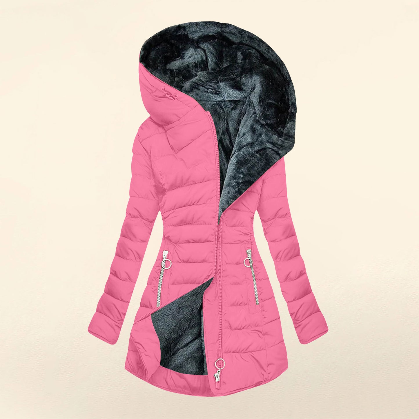 Plush Hooded Mid-length , Zipper Cotton-padded Coat