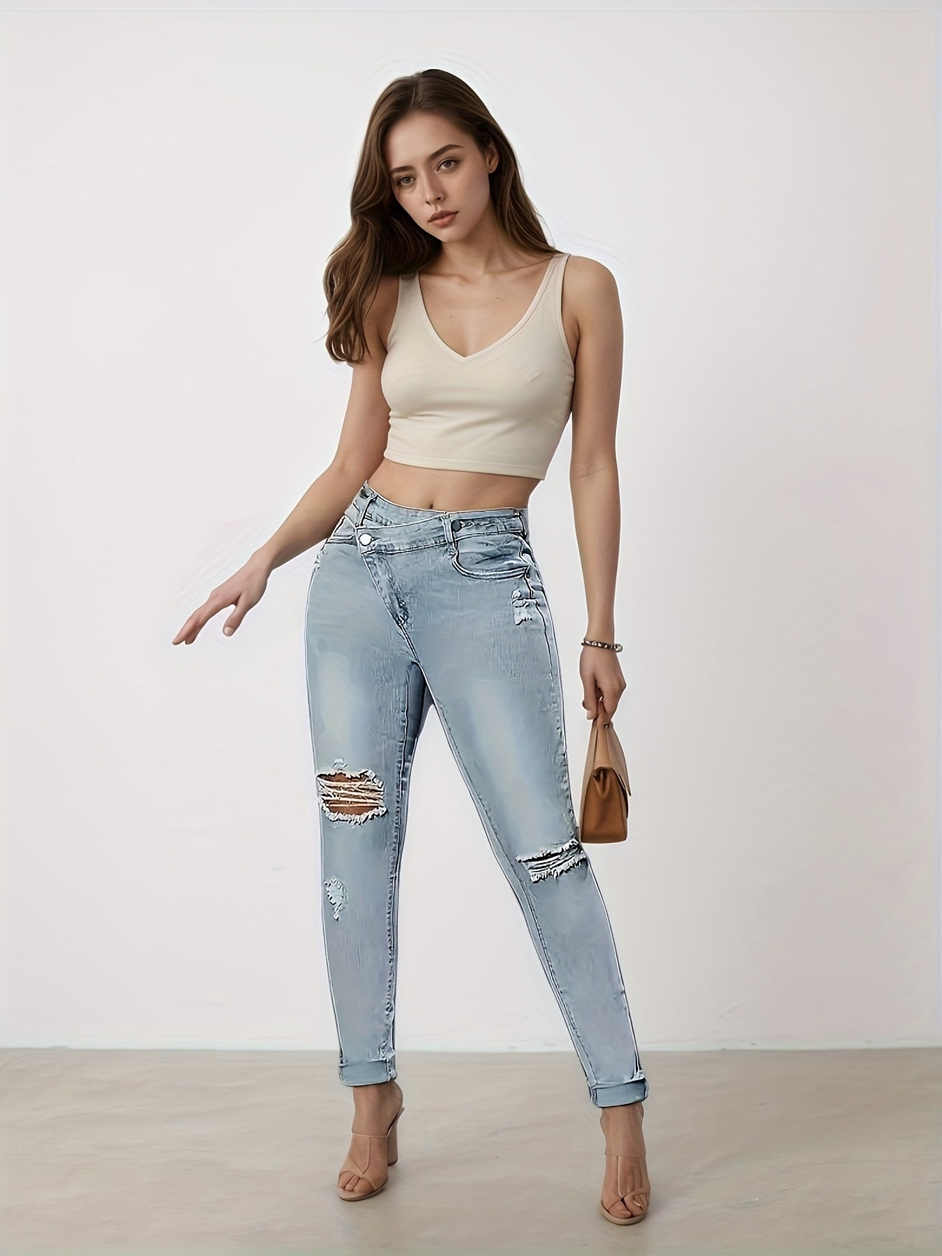 Denim Jeans, Slim Fit Small Foot Design Slim Fit Denim Leggings, Equipped With A Beautiful Waist Belt