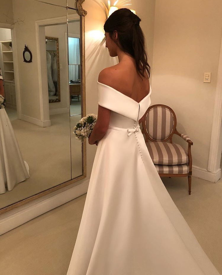 A Line Wedding Dresses Satin Off The Shoulder  Sweep Train  Zipper With Buttons