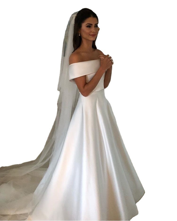 A Line Wedding Dresses Satin Off The Shoulder  Sweep Train  Zipper With Buttons