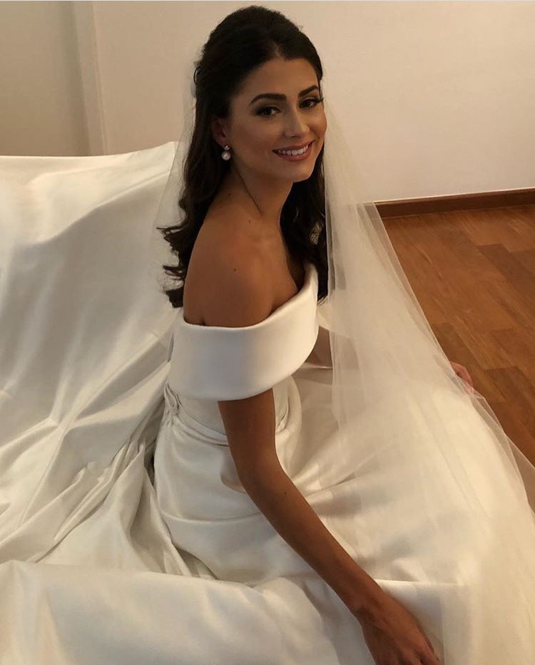 A Line Wedding Dresses Satin Off The Shoulder  Sweep Train  Zipper With Buttons