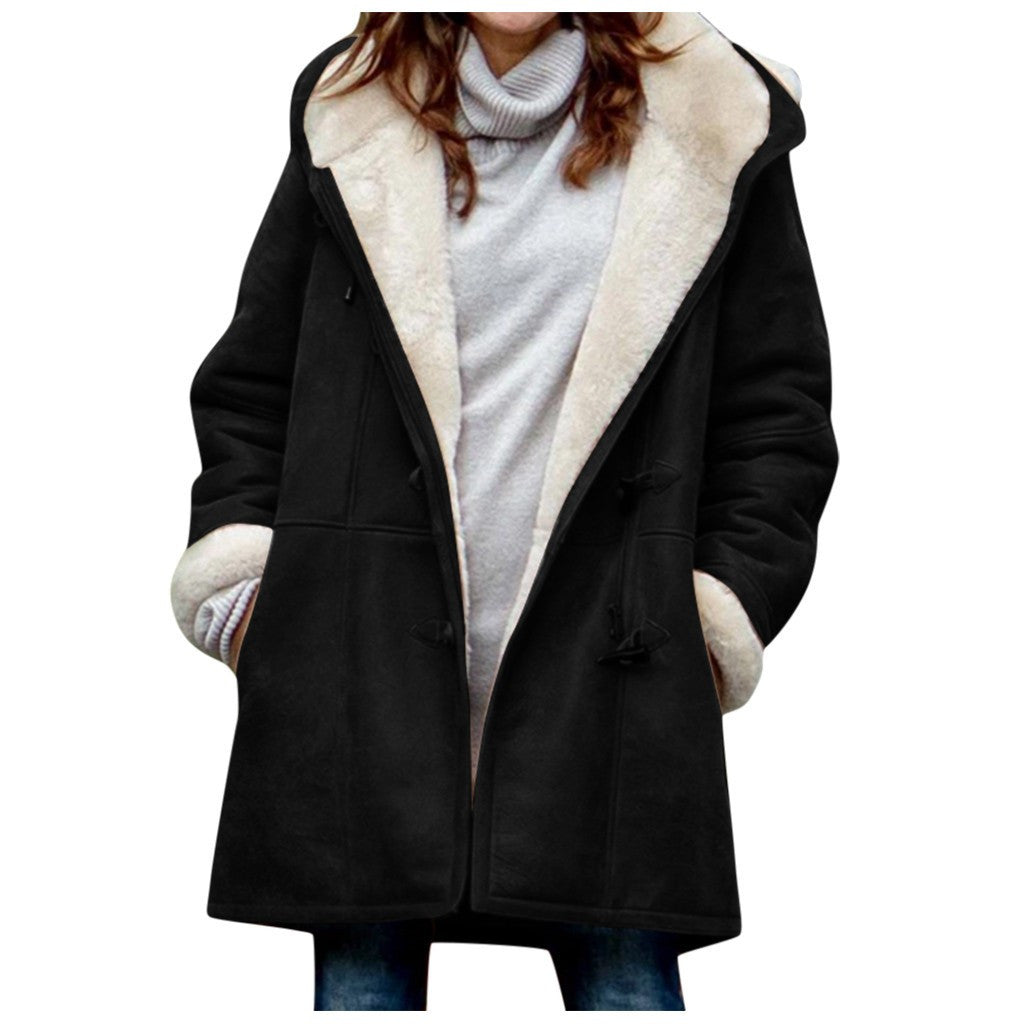 Warm Fleece Hooded buttoned jacket with pockets