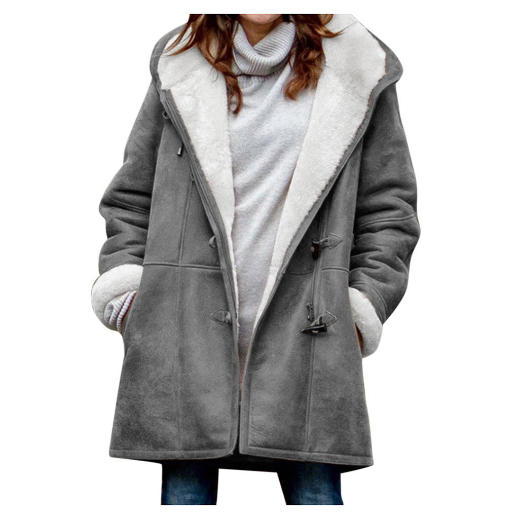 Warm Fleece Hooded buttoned jacket with pockets