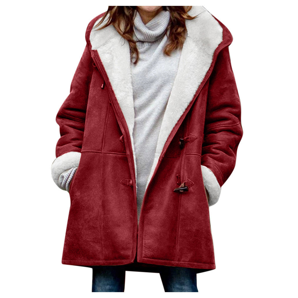 Warm Fleece Hooded buttoned jacket with pockets