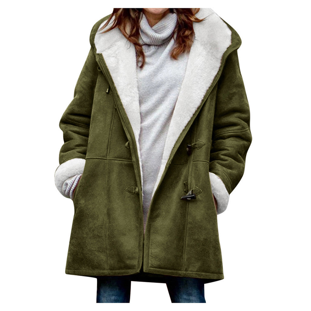 Warm Fleece Hooded buttoned jacket with pockets