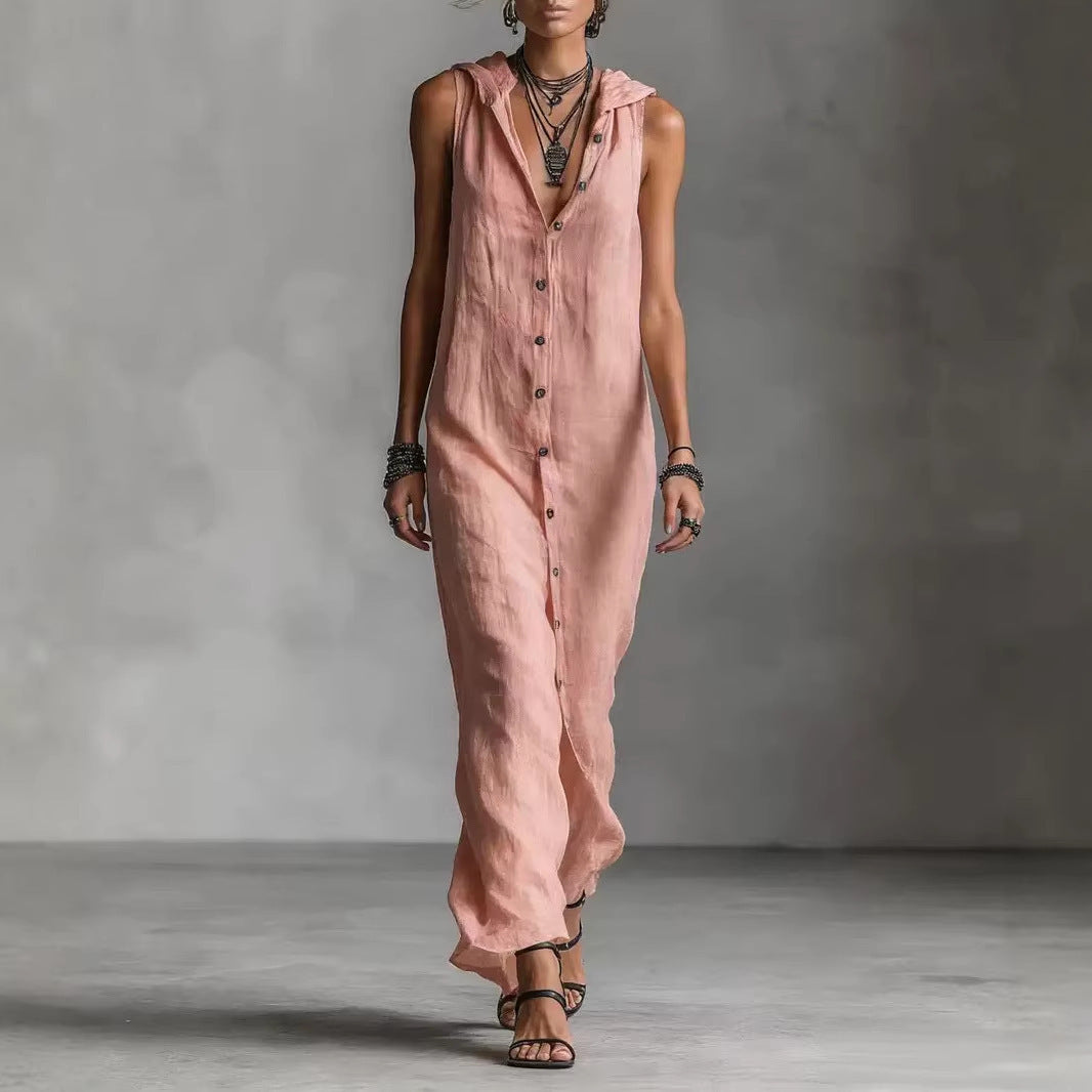 Sleeveless Hooded Maxi Dress With Button Placket