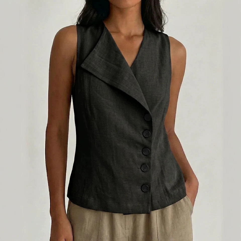 Sleeveless Button-Down V-Neck Solid-Color Shirt