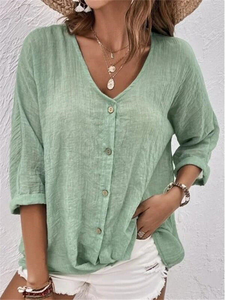 V-neck Long-sleeved T-shirt Fashion Solid Color Button Top Casual Loose