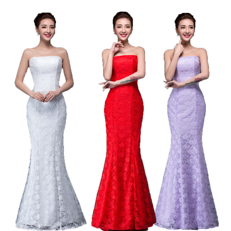 Long dress fuchsia and white lace trailing  wedding dress