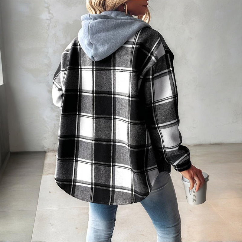 Women's Plaid Drawstring Hoodie Long Sleeve Shirt Button Front Casual Tops Spring&Fall Fashion Minimalist Style