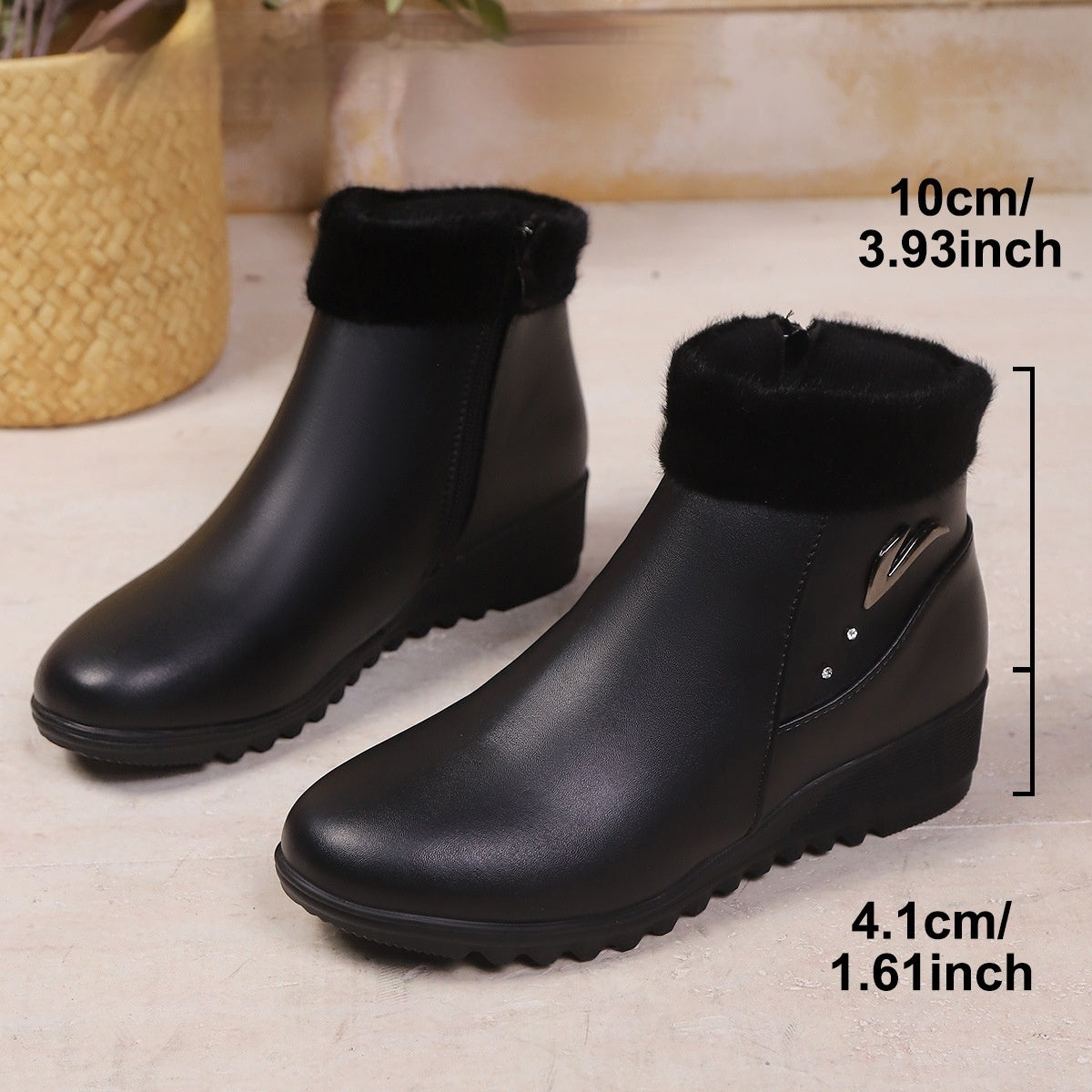 Low Heel Round Toe Plus Fleece Side Zipper Boots