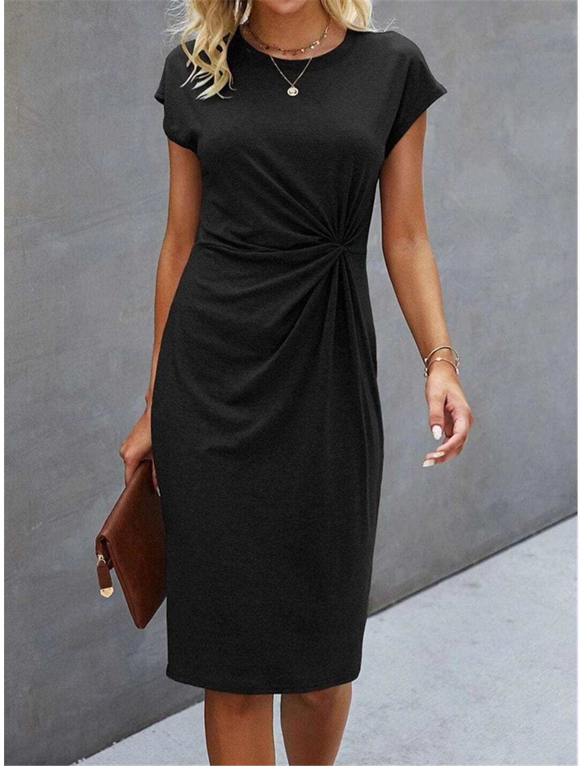 Casual Tight Front Knot Round Neck Mid-length Dress