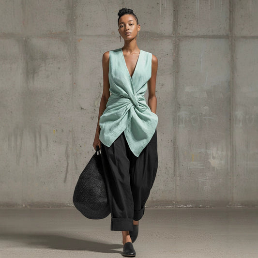 Tie-front V-neck Sleeveless Top Wide-leg Pantsuit