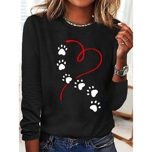 Women's Heart & Dog Paw Print T-shirt, Cute Crew Neck Long Sleeve Top For Spring & Fall