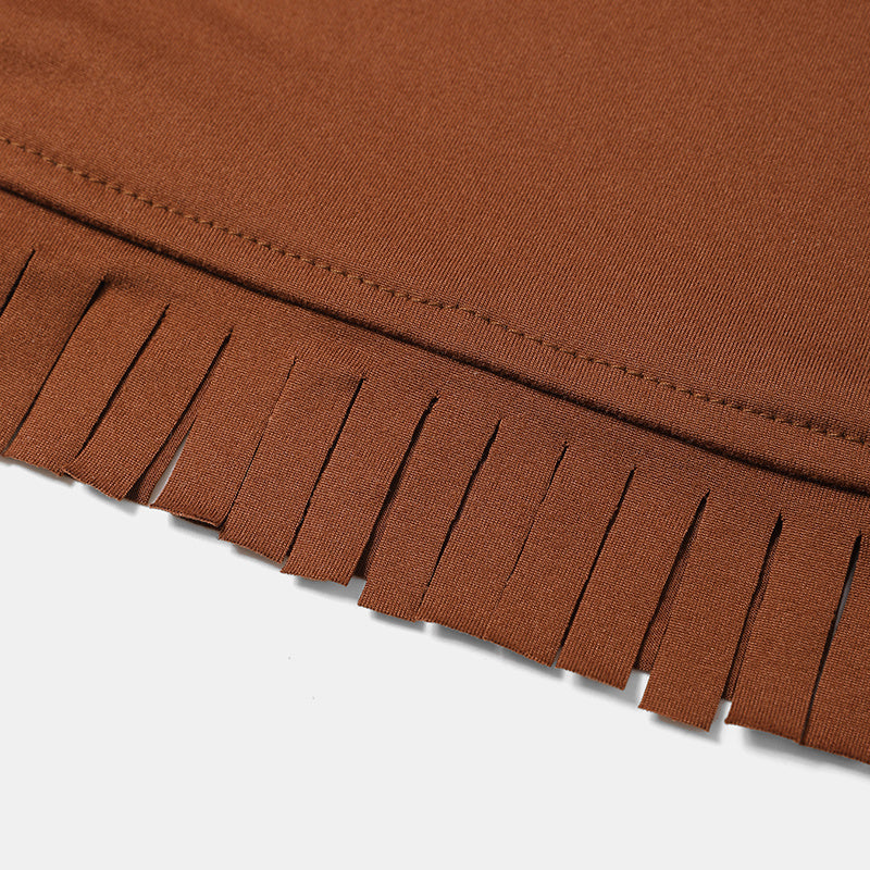 Women's Solid Color Western Cowgirl Style Off-Shoulder Fringe Top - Sexy Slim Fitted Long Sleeve Tassel Blouse