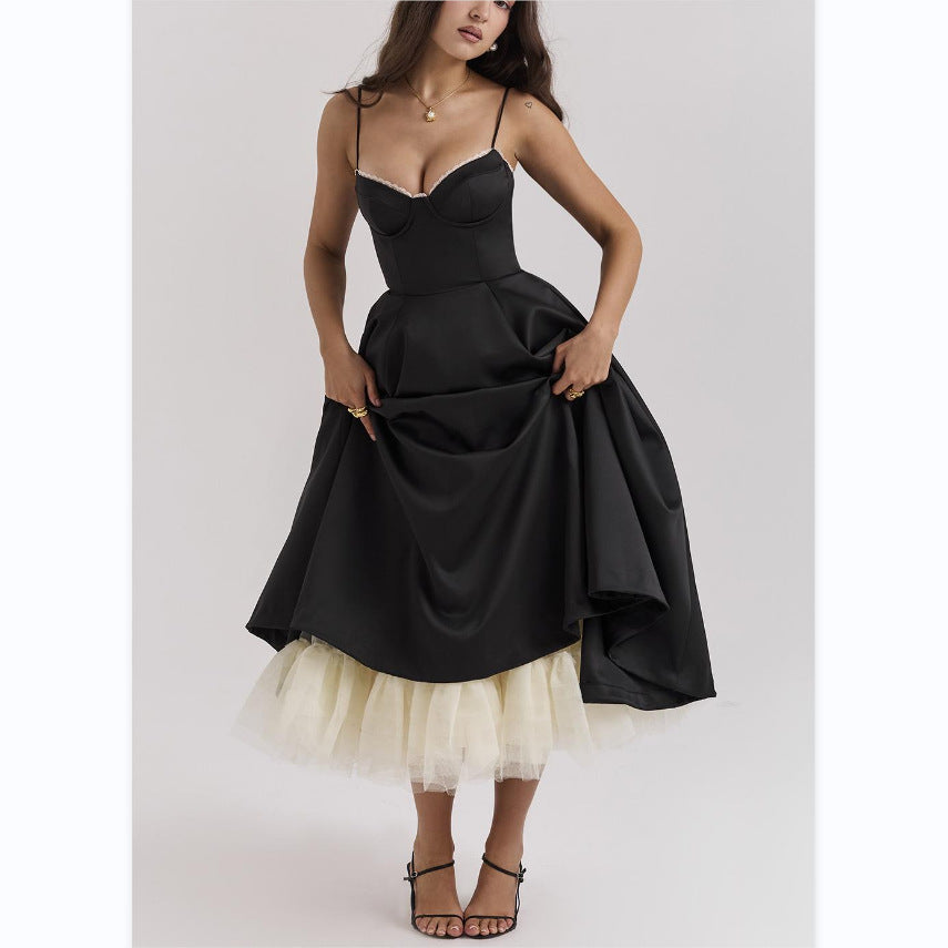 V-neck Brace Sleeveless Dress Puffy