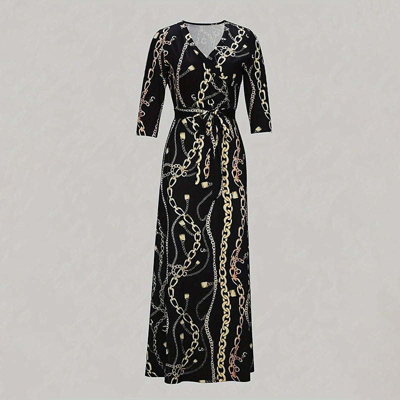 Women's V-Neck Elegant Half-Sleeve Belted Waist Print Maxi Dress For Spring&Summer Dress