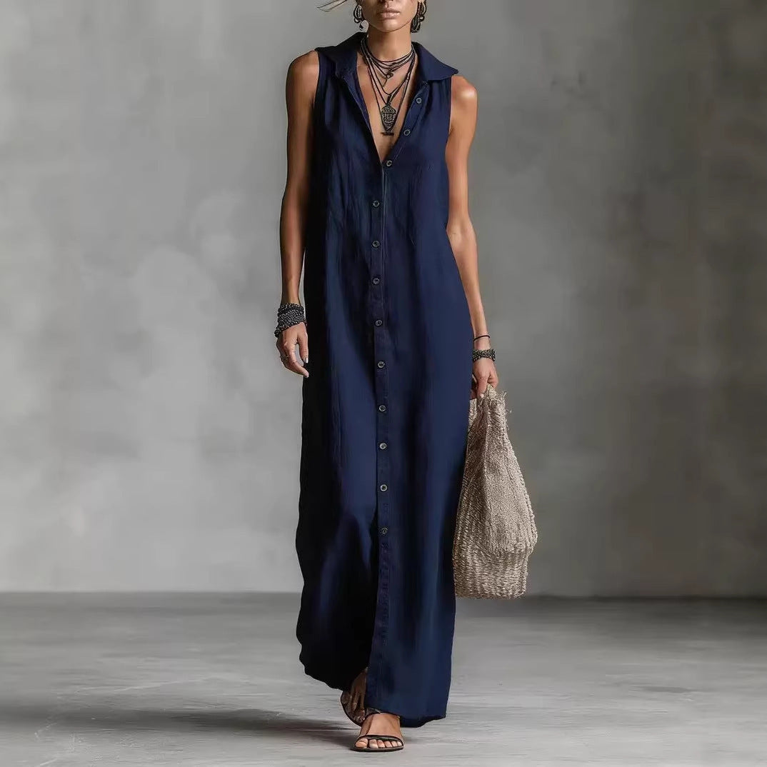 Sleeveless Hooded Maxi Dress With Button Placket