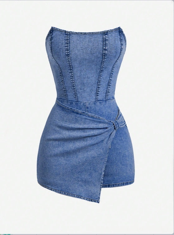Tube-top Denim Jumpsuit Skirt