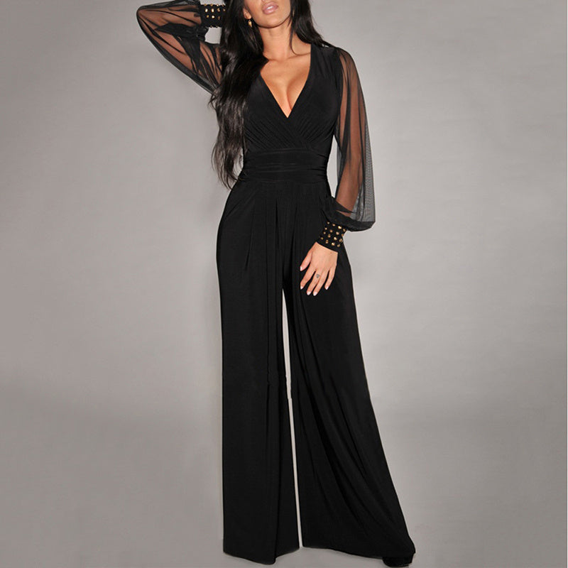 Women's Elegant V Neck Mesh Long Sleeve Loose Wide Leg Romper Party Jumpsuits With Rivet Cuffs