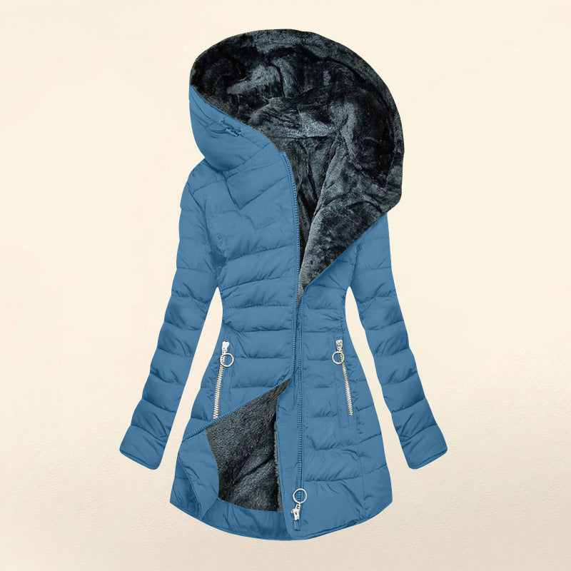 Plush Hooded Mid-length , Zipper Cotton-padded Coat