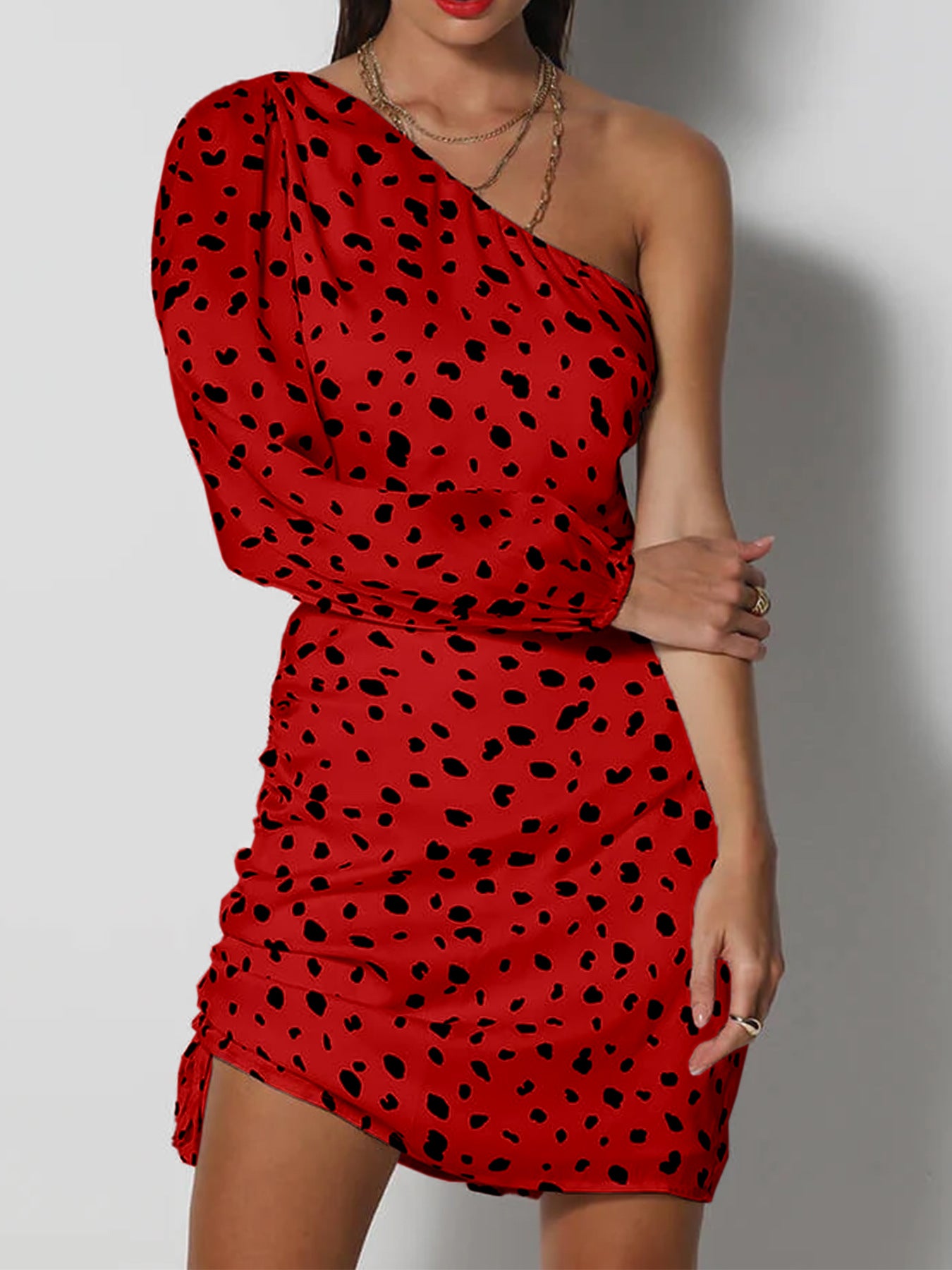 Off-Shoulder One-Sleeve Leopard-Print Hollow-Out Waist Bodycon Dress