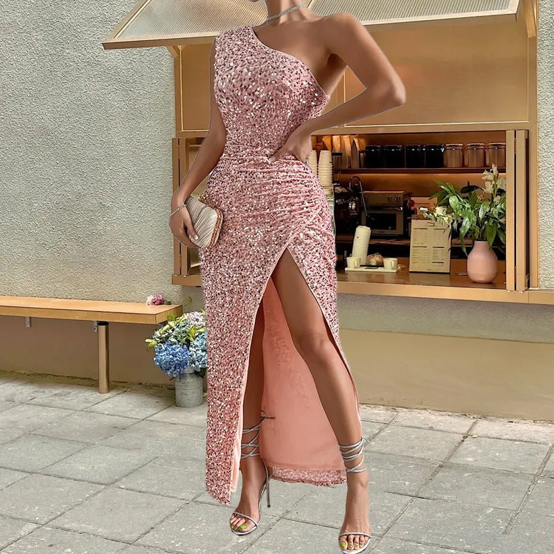 Sequined Shoulder Split Solid Color  Asymmetric Sleeveless Long Dress