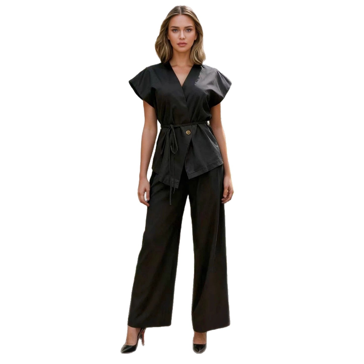 Casual Vest And Pants Set With Ties Solid Color