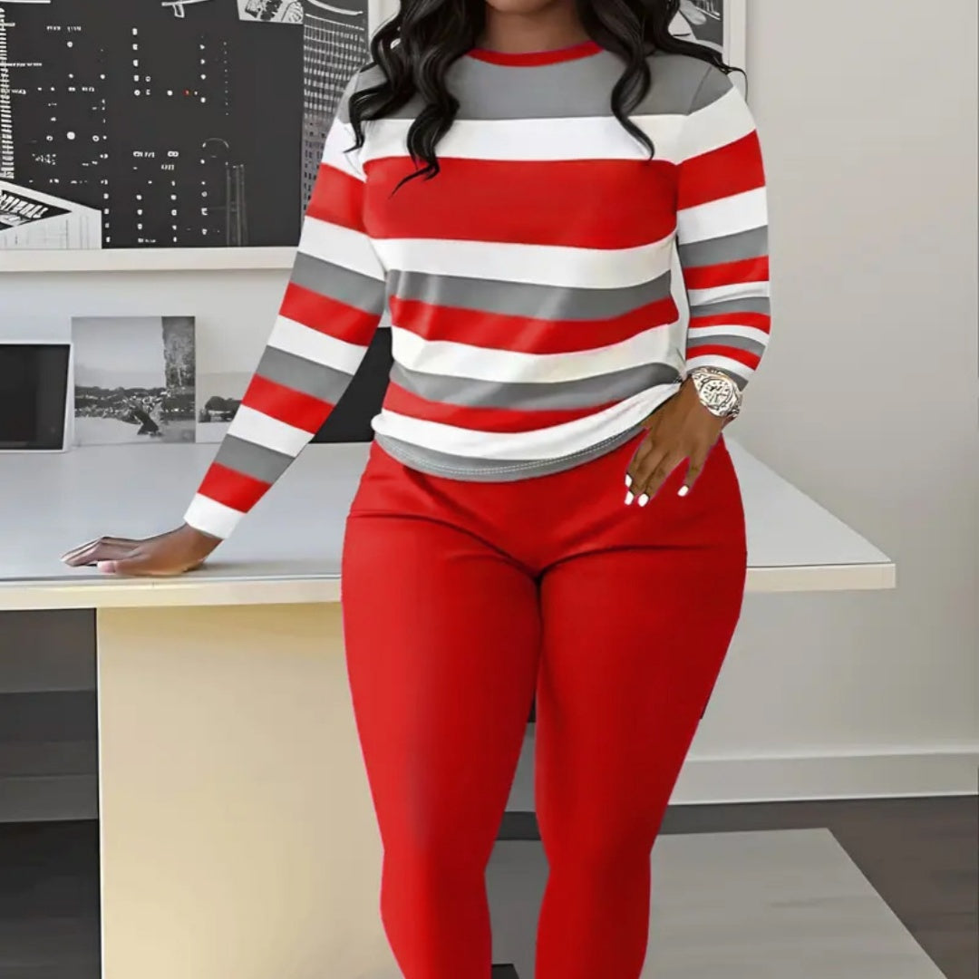 Striped Print Crew-neck Long-sleeve Pants Set