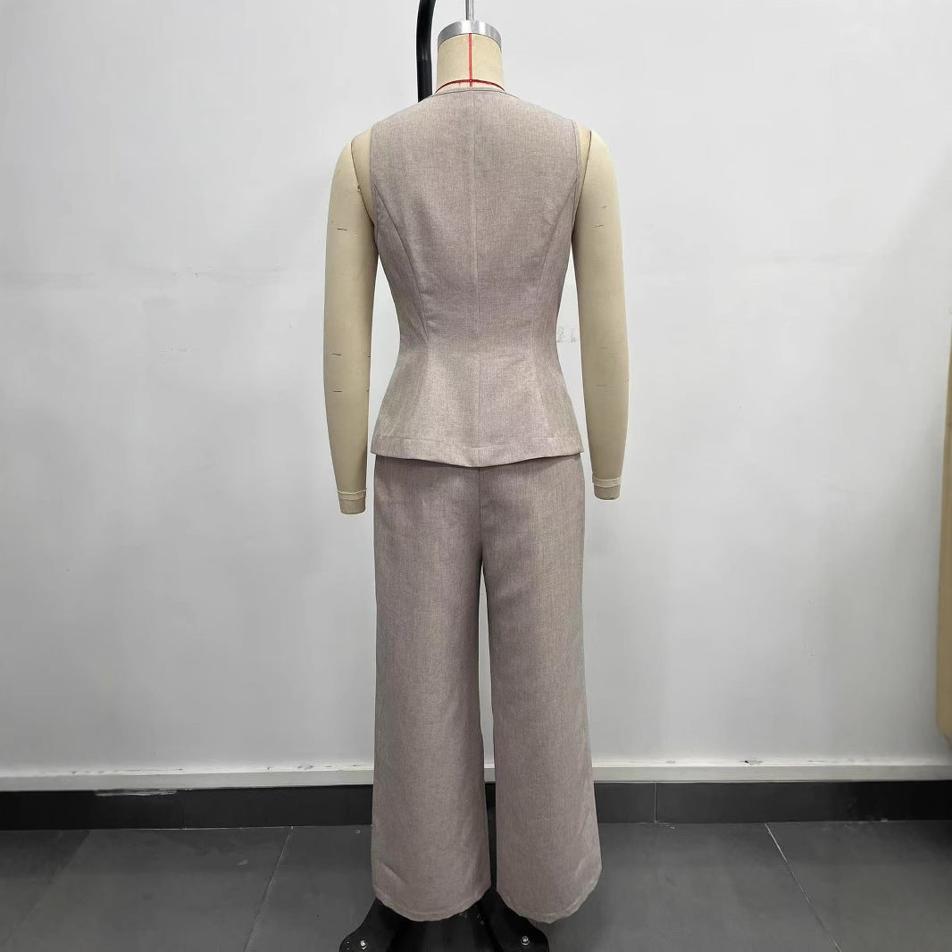 Breathable V-neck Sleeveless Split-front Wide-leg Pants Set