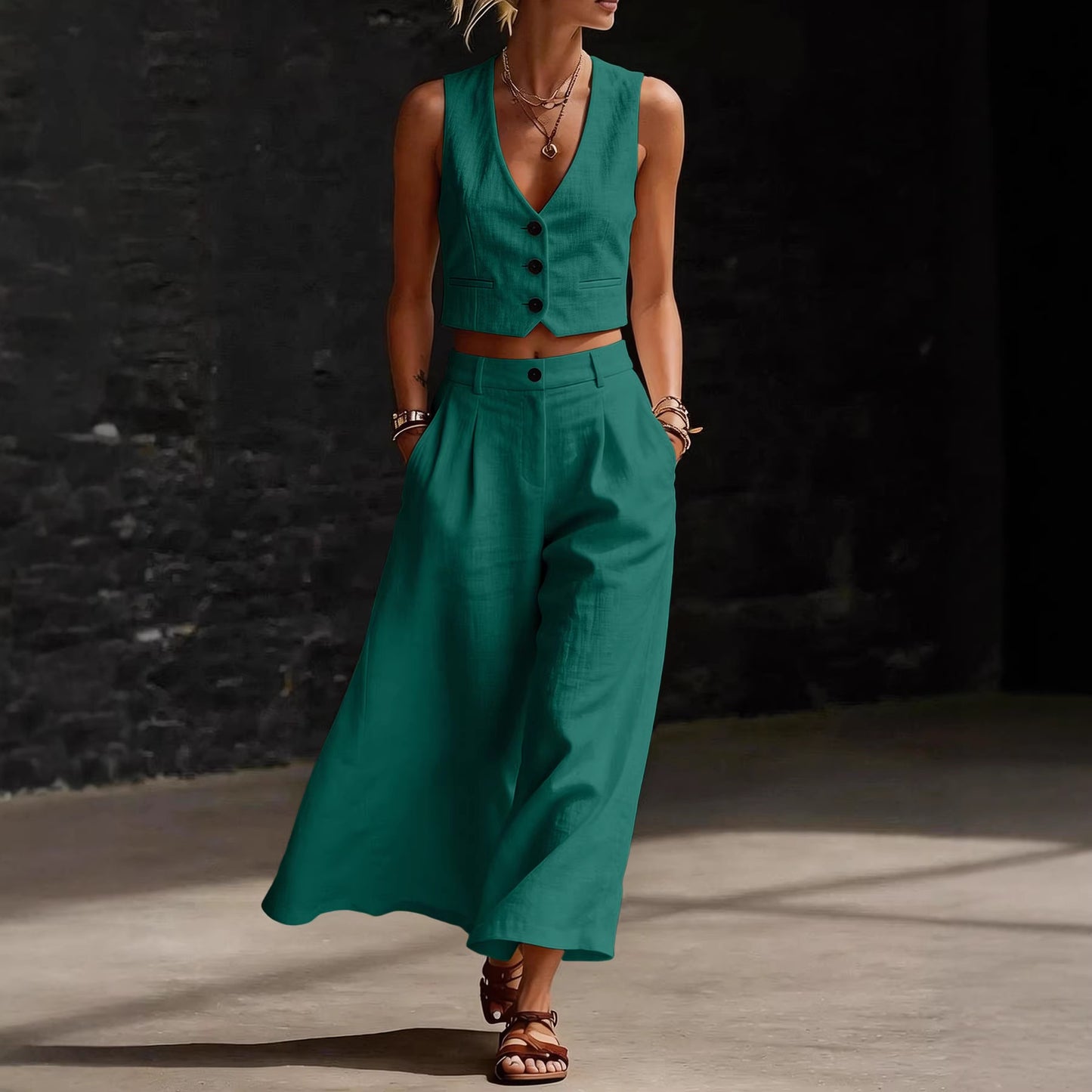 Short V-Neck Top And Wide-Leg Pants Set